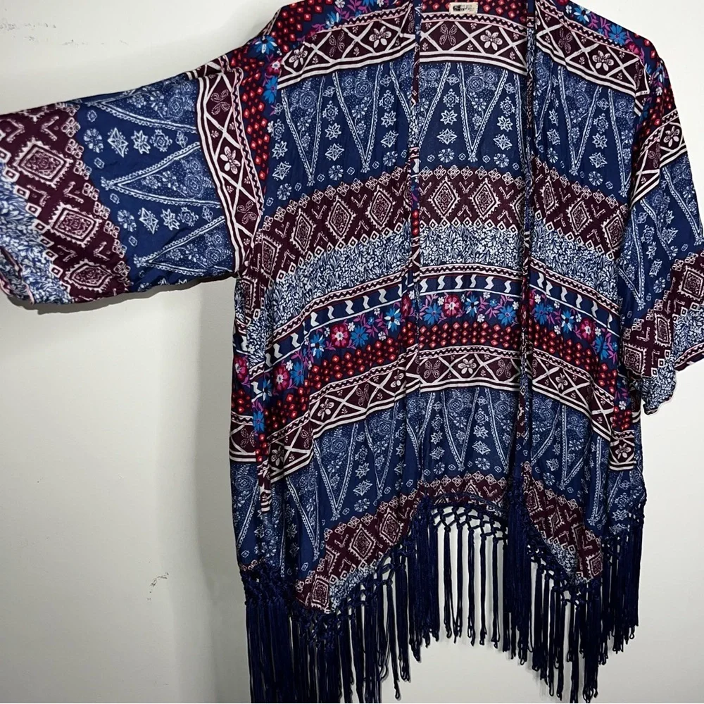 Hollister Kimono Swim Cover Up 100% Viscose Tasseled Navy Cream Maroon Small